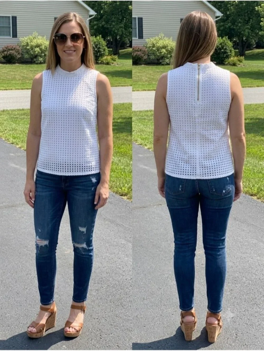 J.Crew White Cotton Eyelet Sleeveless Top 0 Mock Neck Back Zip Shell Blouse